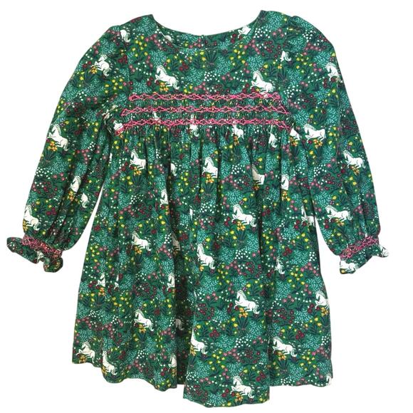 Mini Boden Smocked Unicorn Long Sleeve Fine Corduroy Holiday Dress Size 2/3Y - Picture 1 of 9